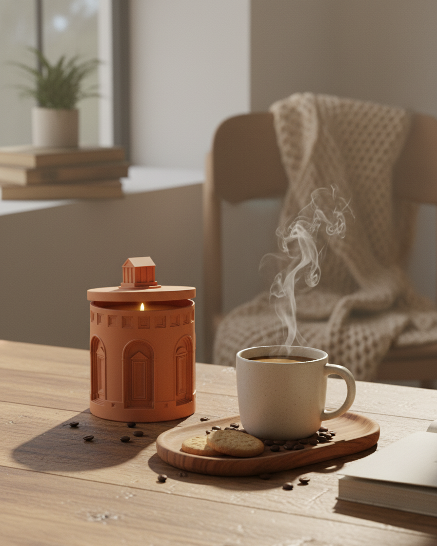Architectural Style Candle with arched vessel and temple lid, lit