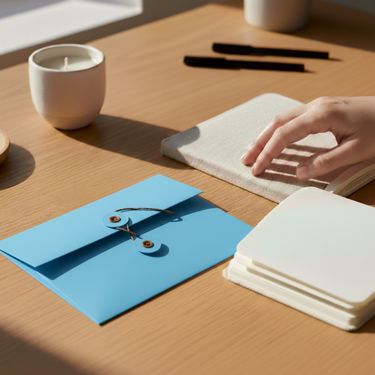 Azure Blue | Premium Button & String Envelope + Blank White Card