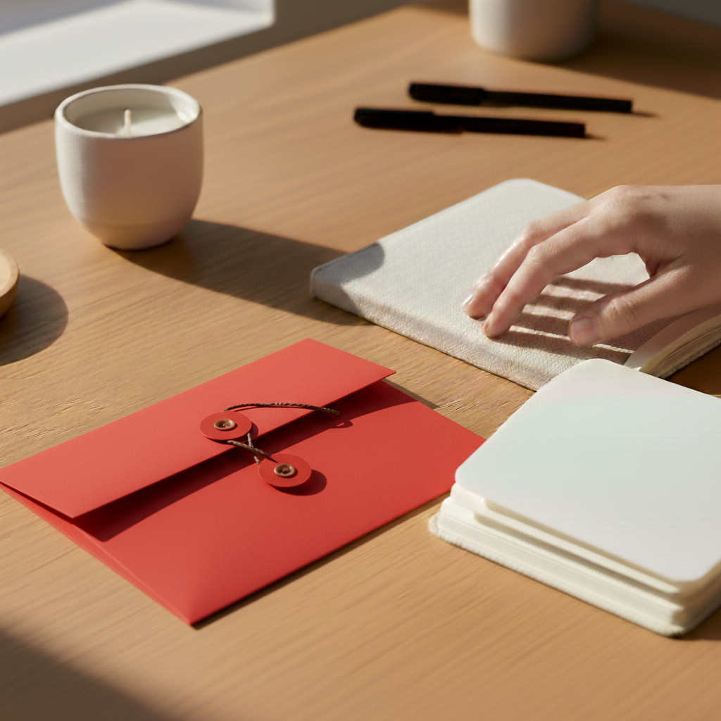 Bright Red | Premium Button & String Envelope + Blank White Card