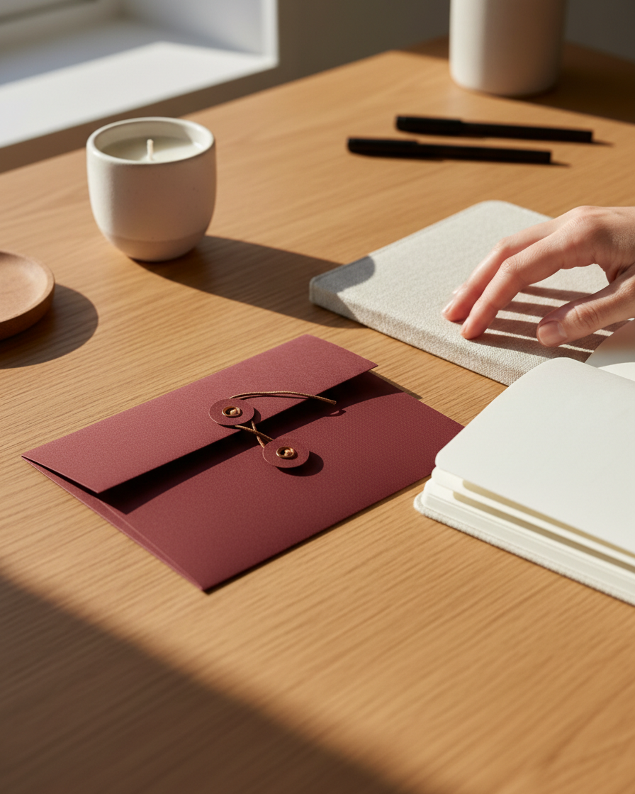 Claret | Premium Button & String Envelope + Blank White Card