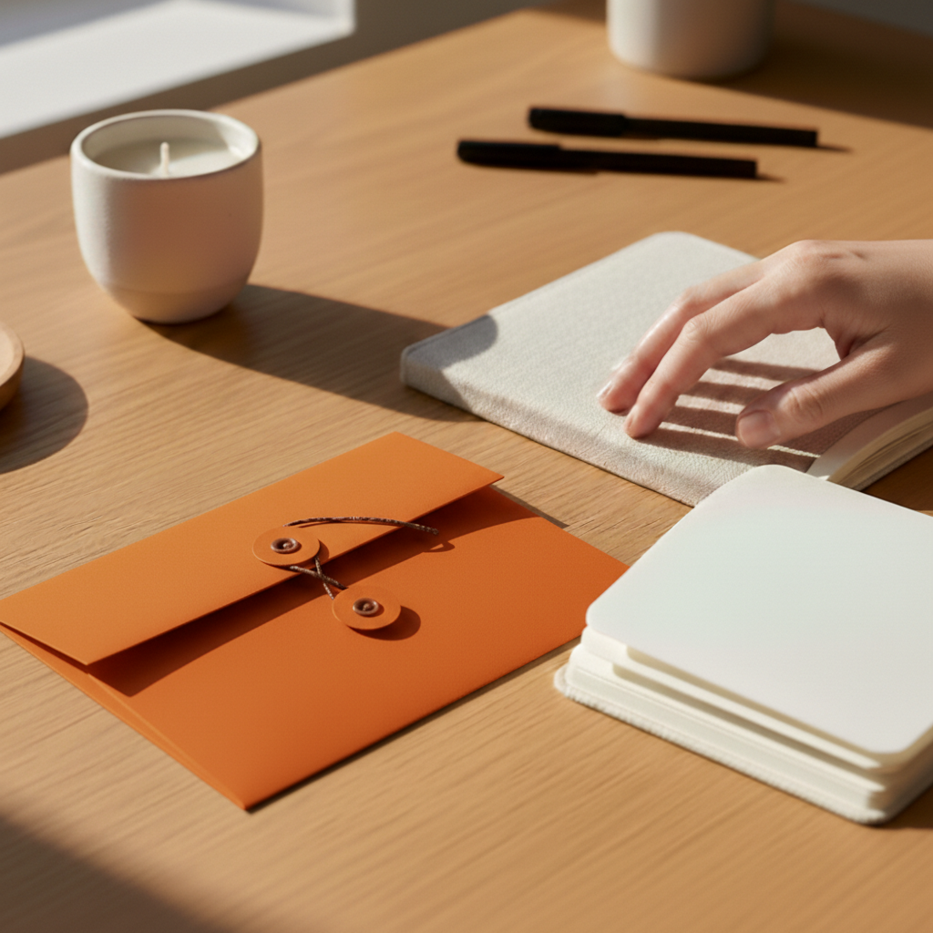 Mandarin | Premium Button & String Envelope + Blank White Card