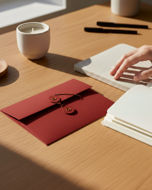 Scarlet | Premium Button & String Envelope + Blank White Card